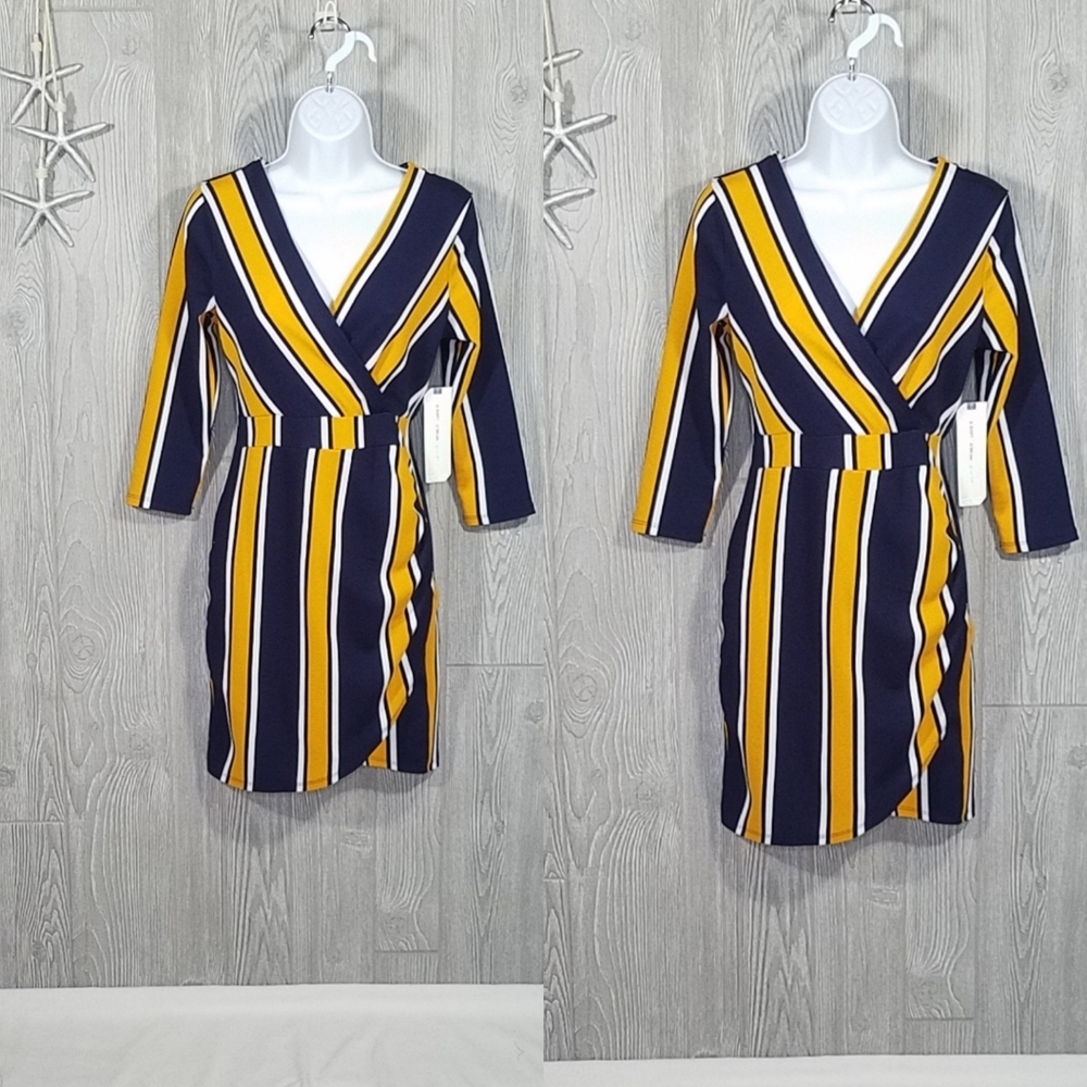 NWT Almost Famous Wrap Dress Medium Blue Yellow Stripe Ruched